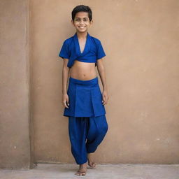 Transform the young Indian boy into a teenager. He's full of life and wearing a deep, rich blue lungi that stands out vibrantly against his surroundings.