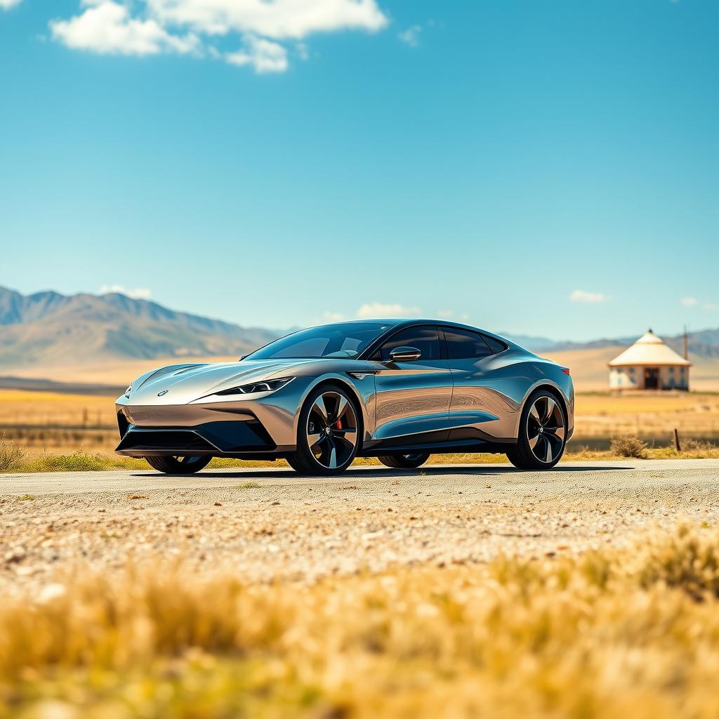 A stunning KazAuto car, a symbol of Kazakhstani engineering, parked against a picturesque backdrop of Kazakhstan's vast steppes and mountains