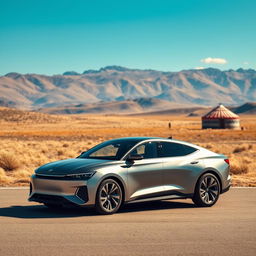 A stunning KazAuto car, a symbol of Kazakhstani engineering, parked against a picturesque backdrop of Kazakhstan's vast steppes and mountains