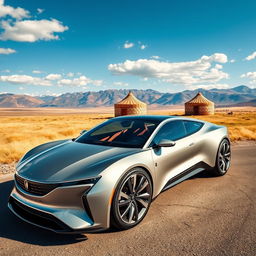 A stunning KazAuto car, a symbol of Kazakhstani engineering, parked against a picturesque backdrop of Kazakhstan's vast steppes and mountains