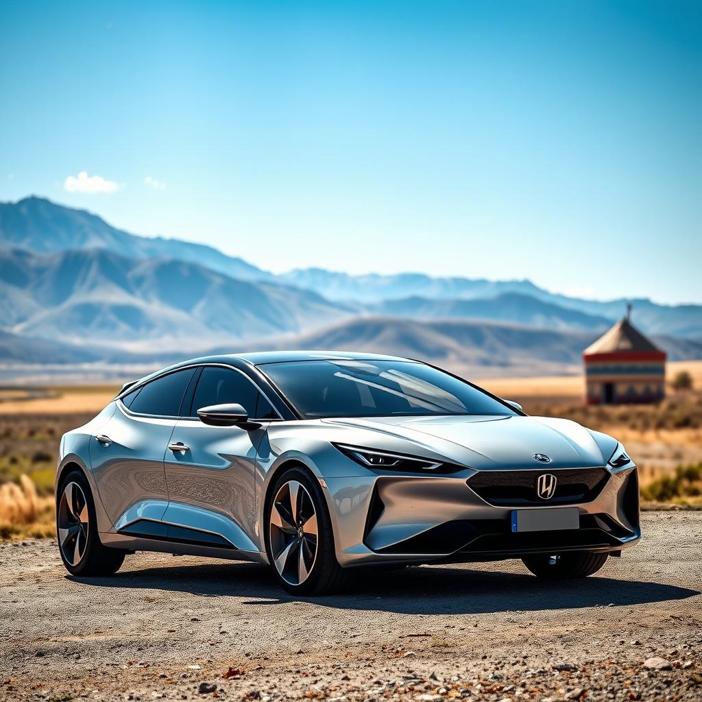 A stunning KazAuto car, a symbol of Kazakhstani engineering, parked against a picturesque backdrop of Kazakhstan's vast steppes and mountains