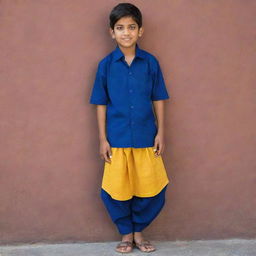 Transform the young Indian boy into a teenager. He's full of life and wearing a deep, rich blue lungi that stands out vibrantly against his surroundings.