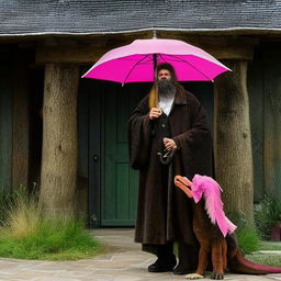 Rubeus Hagrid, a giant of a man with wild, tangled hair and a rugged beard, wearing a large moleskin coat, holding the pink umbrella that conceals his wand, standing aside his beloved pet, Norbert the dragon, in front of Hagrid's hut.