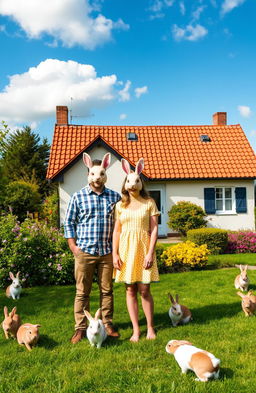 A serene rural scene with a vivid blue sky, showcasing a charming house with a warm brown roof