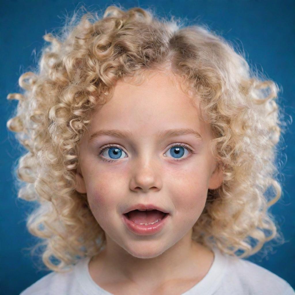 Generate an image of a blonde, curly-haired, blue-eyed eight-year-old girl expressing various emotions. Additionally, show her three distinct pets showcasing their unique features.