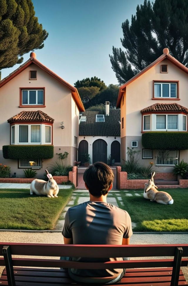 A young man sitting on a bench in front of two charming houses, looking forward