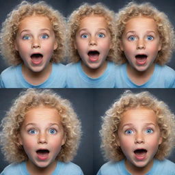 Generate an image of a blonde, curly-haired, blue-eyed eight-year-old girl expressing various emotions. Additionally, show her three distinct pets showcasing their unique features.