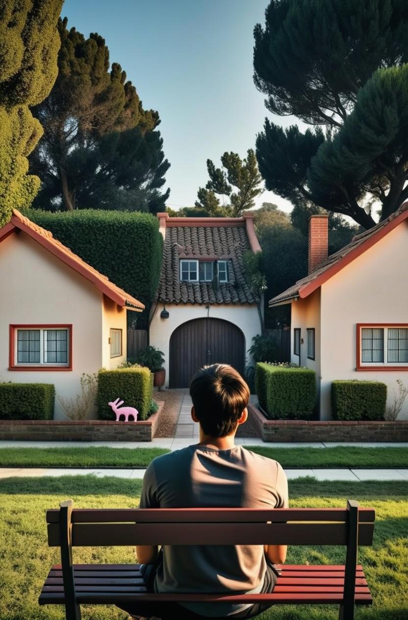 A serene suburban scene featuring a young man sitting on a bench in front of two charming houses with red accents and a lush green lawn