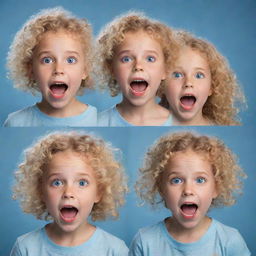 Generate an image of a blonde, curly-haired, blue-eyed eight-year-old girl expressing various emotions. Additionally, show her three distinct pets showcasing their unique features.