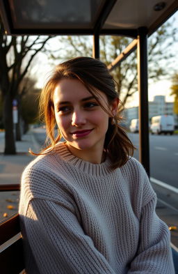 A woman sitting at a bus stop with a subtle smile that conceals her sadness