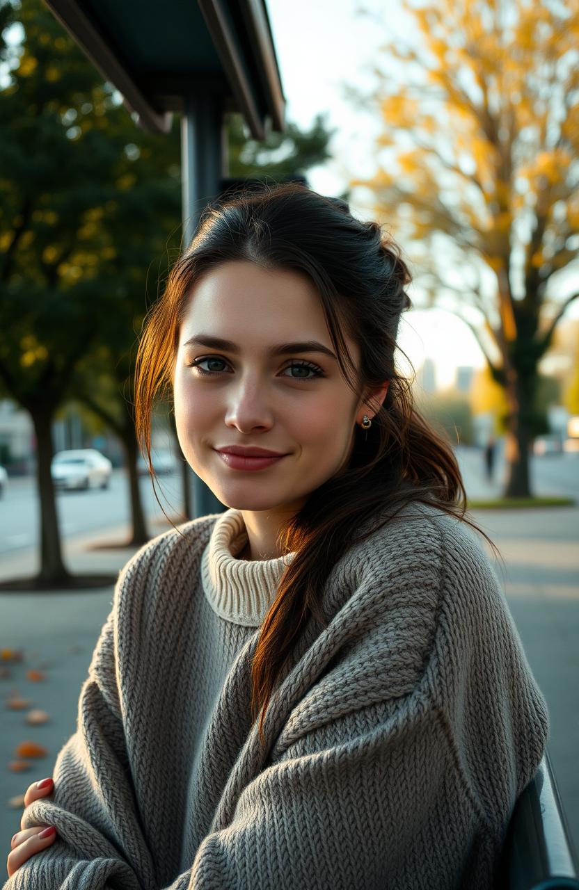 A woman sitting at a bus stop with a subtle smile that conceals her sadness