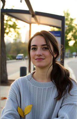 A woman sitting at a bus stop with a subtle smile that conceals her sadness