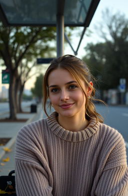 A woman sitting at a bus stop with a subtle smile that conceals her sadness