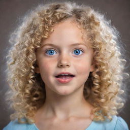 Generate an image of a blonde, curly-haired, blue-eyed eight-year-old girl expressing various emotions. Additionally, show her three distinct pets showcasing their unique features.