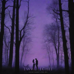 A movie poster for 'Twilight' showcasing a serene forest under a purple twilight sky with the phantasmal image of two entwined lovers in the background and bold, captivating title lettering in front.