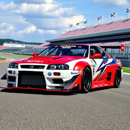 A Nissan Skyline equipped with a striking body kit, showcasing wide fenders, an aggressive front bumper, and a prominent rear wing to enhance its racing profile