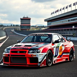 A Nissan Skyline equipped with a striking body kit, showcasing wide fenders, an aggressive front bumper, and a prominent rear wing to enhance its racing profile