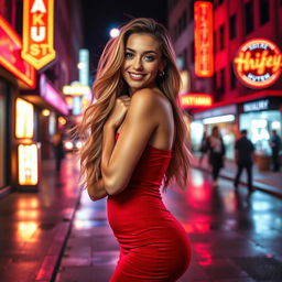 A glamorous, confident woman with long flowing hair, wearing a form-fitting red dress that accentuates her curves