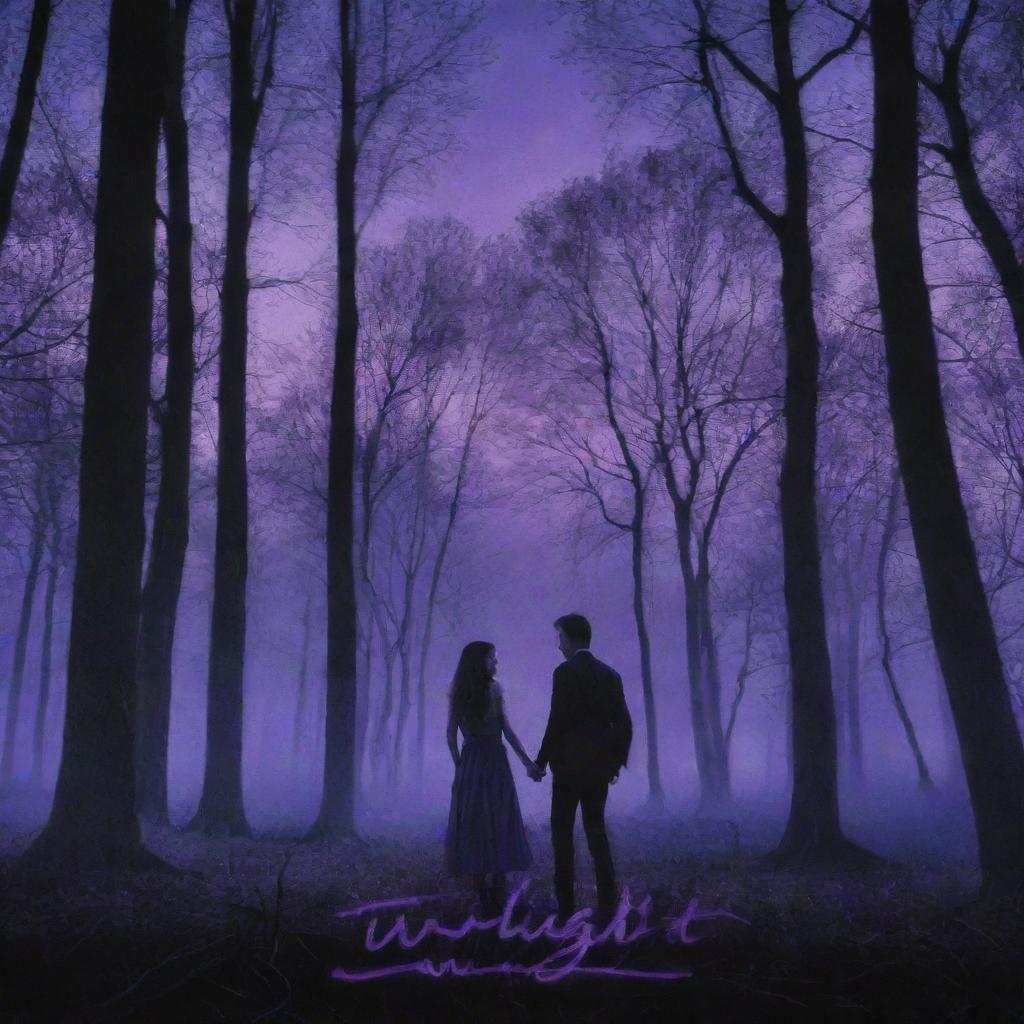 A movie poster for 'Twilight' showcasing a serene forest under a purple twilight sky with the phantasmal image of two entwined lovers in the background and bold, captivating title lettering in front.