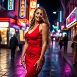 A glamorous, confident woman with long flowing hair, wearing a form-fitting red dress that accentuates her curves