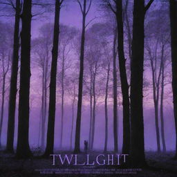 A movie poster for 'Twilight' showcasing a serene forest under a purple twilight sky with the phantasmal image of two entwined lovers in the background and bold, captivating title lettering in front.