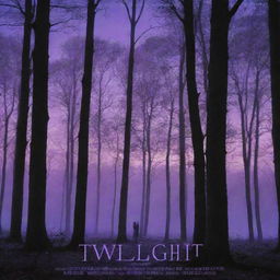 A movie poster for 'Twilight' showcasing a serene forest under a purple twilight sky with the phantasmal image of two entwined lovers in the background and bold, captivating title lettering in front.