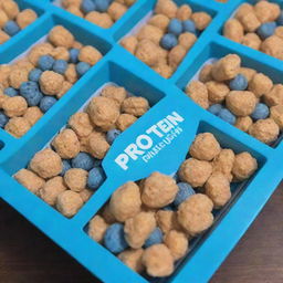 A vivid blue box of cereal with the title 'Protein Puffs' prominently displayed.