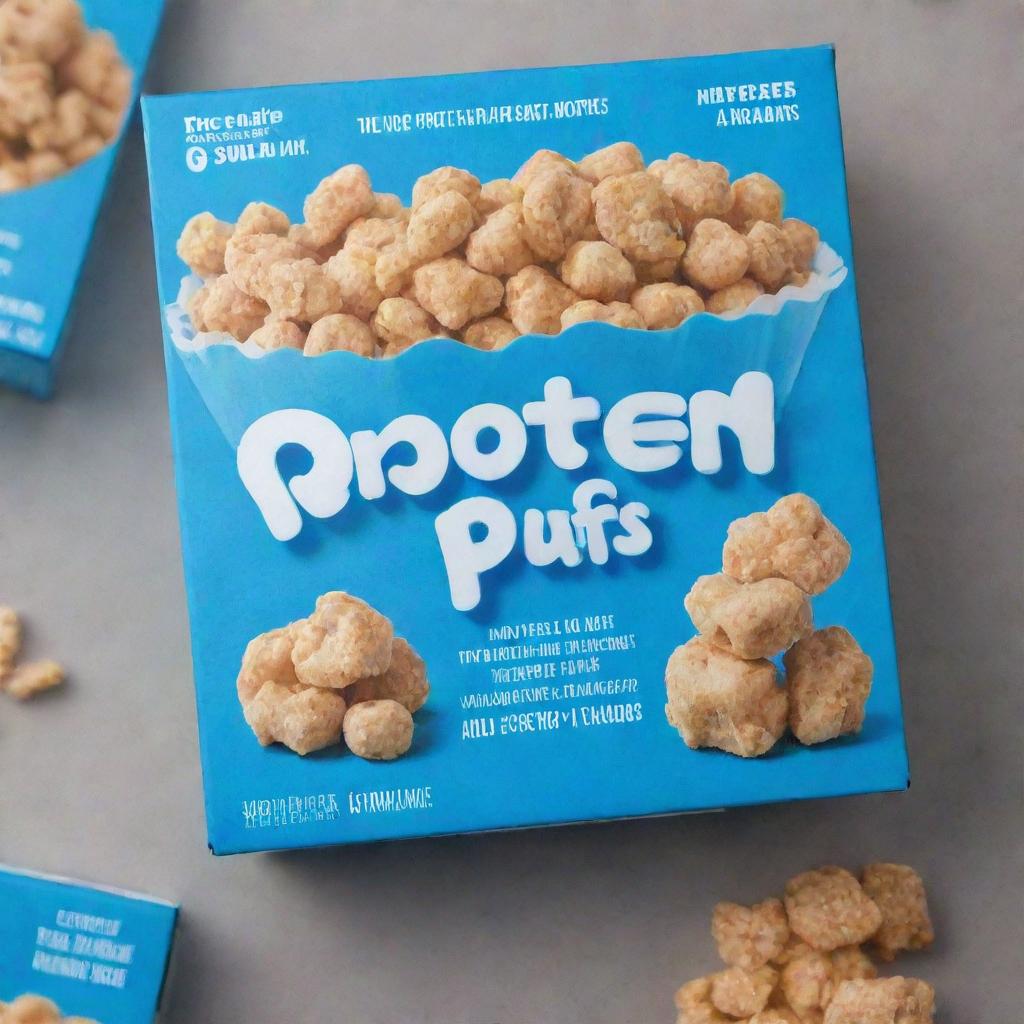 A vivid blue box of cereal with the title 'Protein Puffs' prominently displayed.