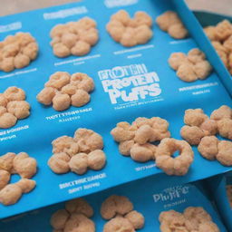 A vivid blue box of cereal with the title 'Protein Puffs' prominently displayed.