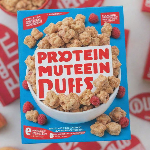 A vibrant blue box of cereal with the title 'Protein Puffs' displayed in bold red letters with a white border.