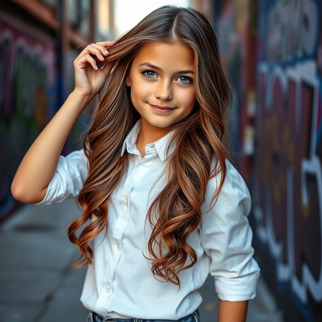 A confident girl with long, wavy brown hair wearing a crisp white shirt and stylish jeans