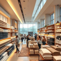 An elegant and modern textiles and towels shop featuring warm lights and expansive open spaces