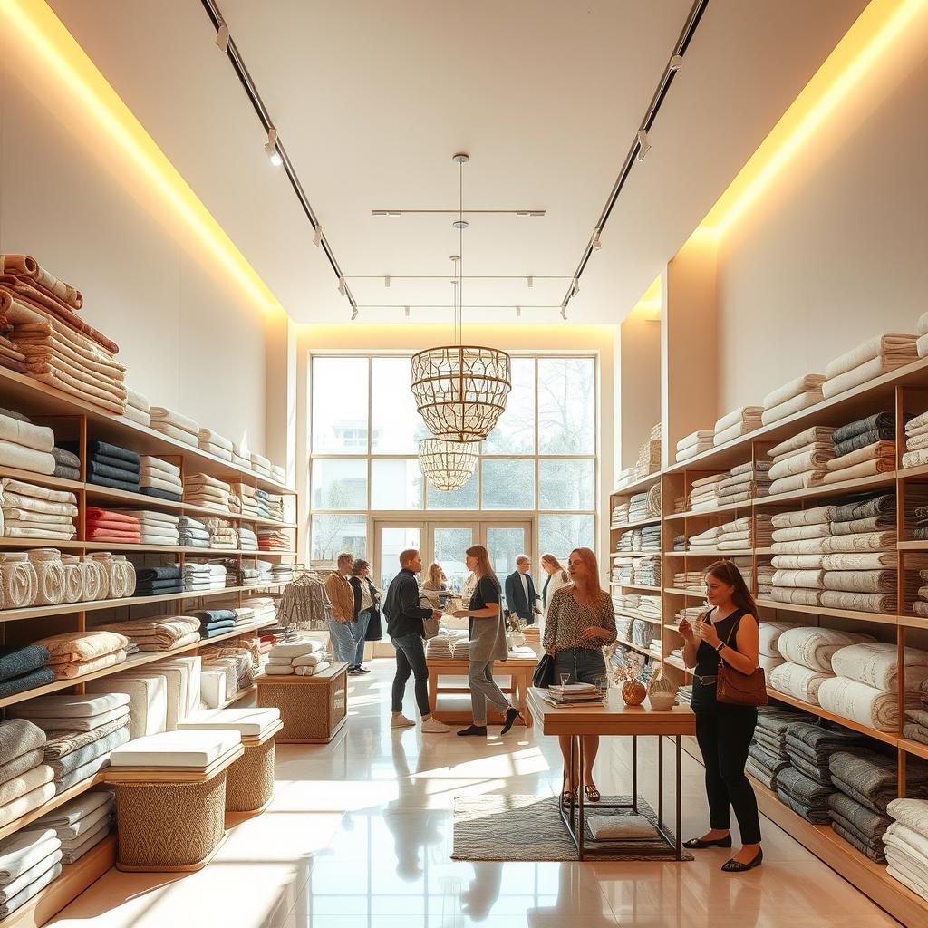 An elegant and modern textiles and towels shop featuring warm lights and expansive open spaces