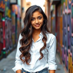 A teenage Hispanic girl with long, wavy dark brown hair, casually dressed in a crisp white shirt and stylish jeans