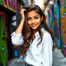 A teenage Hispanic girl with long, wavy dark brown hair, casually dressed in a crisp white shirt and stylish jeans