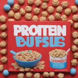 A vibrant blue box of cereal with the title 'Protein Puffs' displayed in bold red letters with a white border.