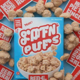 A vibrant blue box of cereal with the title 'Protein Puffs' displayed in bold red letters with a white border.