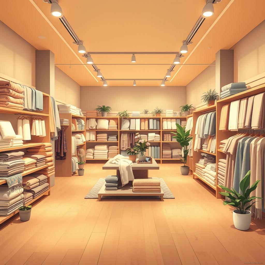 A 2D perspective illustration of a modern textiles and towels shop, featuring elegant displays and a warm and inviting atmosphere