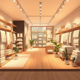 A 2D perspective illustration of a modern textiles and towels shop, featuring elegant displays and a warm and inviting atmosphere