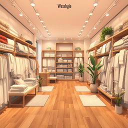 A 2D perspective illustration of a modern textiles and towels shop, featuring elegant displays and a warm and inviting atmosphere