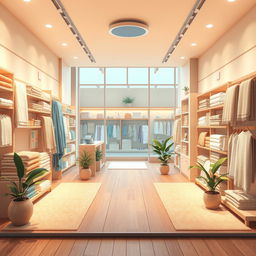 A 2D perspective illustration of a modern textiles and towels shop, featuring elegant displays and a warm and inviting atmosphere