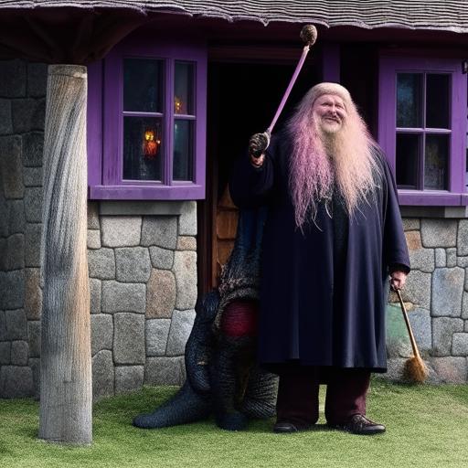 Rubeus Hagrid, a giant of a man with wild, tangled hair and a rugged beard, wearing a large moleskin coat, holding the pink umbrella that conceals his wand, standing aside his beloved pet, Norbert the dragon, in front of Hagrid's hut.