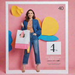 A professionally designed ad for a trendy clothing store, showcasing vibrant and fashionable clothes with a prominent '40 percent off' sale banner.