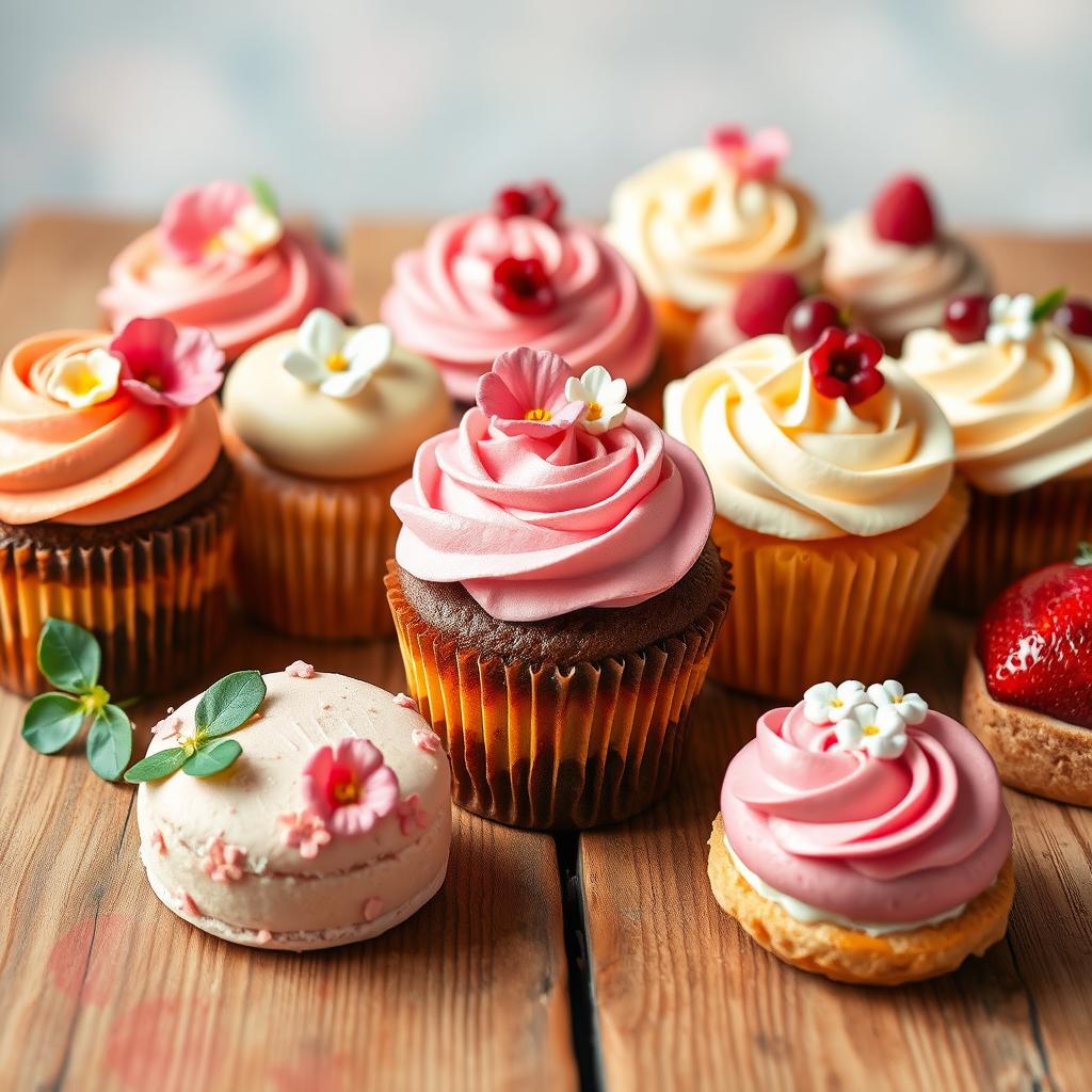 A beautifully arranged display of assorted delicious desserts including colorful macarons, enticing cupcakes with swirls of frosting, and elegant pastries, all set on a rustic wooden table