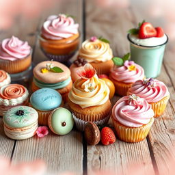 A beautifully arranged display of assorted delicious desserts including colorful macarons, enticing cupcakes with swirls of frosting, and elegant pastries, all set on a rustic wooden table