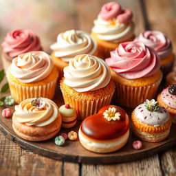 A beautifully arranged display of assorted delicious desserts including colorful macarons, enticing cupcakes with swirls of frosting, and elegant pastries, all set on a rustic wooden table