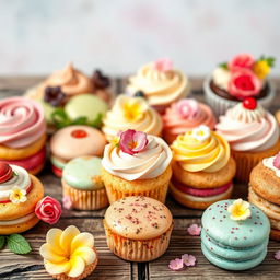 A beautifully arranged display of assorted delicious desserts including colorful macarons, enticing cupcakes with swirls of frosting, and elegant pastries, all set on a rustic wooden table