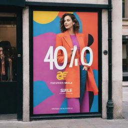 A professionally designed ad for a trendy clothing store, showcasing vibrant and fashionable clothes with a prominent '40 percent off' sale banner.