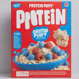 A vibrant blue cereal box with 'Protein Puffs' as the title, written in bold red letters with a white border.