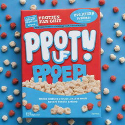 A vibrant blue cereal box with 'Protein Puffs' as the title, written in bold red letters with a white border.